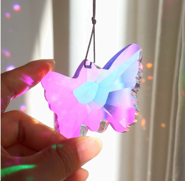 Colorful butterfly prism crystal to sparkle from car mirror