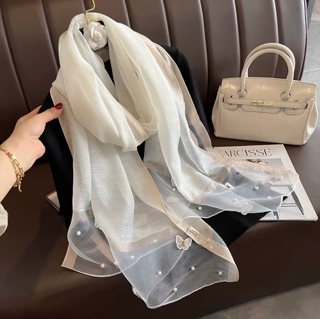 Embroidered Butterfly &amp; Pearl Scarf