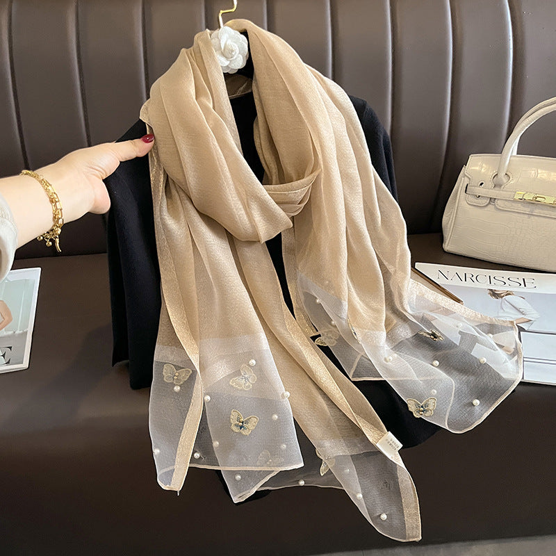Embroidered Butterfly & Pearl Scarf